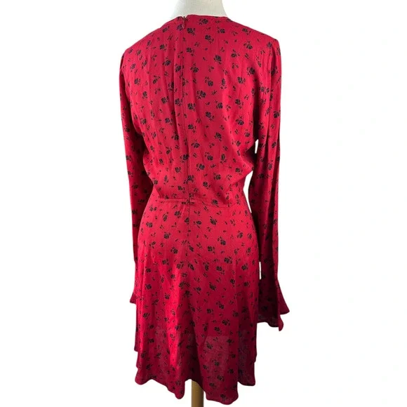 Reformation Red & Black Floral Print Mini Dress Bell Sleeve Ruffle Women's Large - Picture 12 of 16